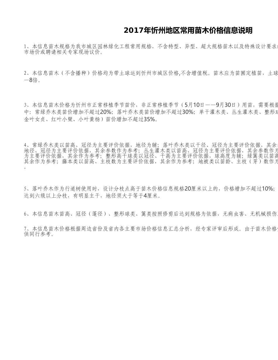2017年忻州常用苗木价格.xls_第1页