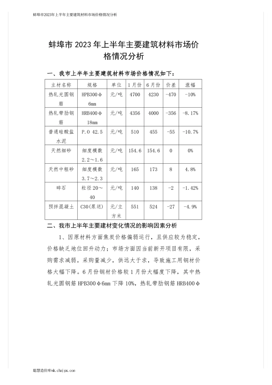 蚌埠市2023年上半年主要建筑材料市场价格情况分析.pdf_第1页