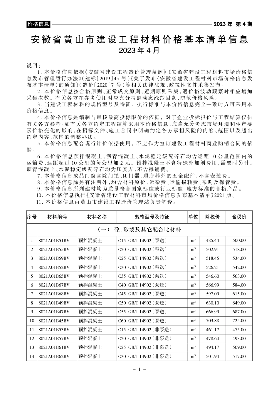 《黄山工程造价》2023年第4期材料价格信息.pdf_第1页