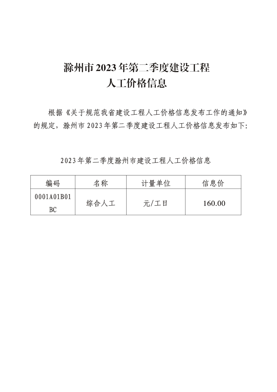 滁州市2023年第二季度建设工程人工价格信息.pdf_第1页
