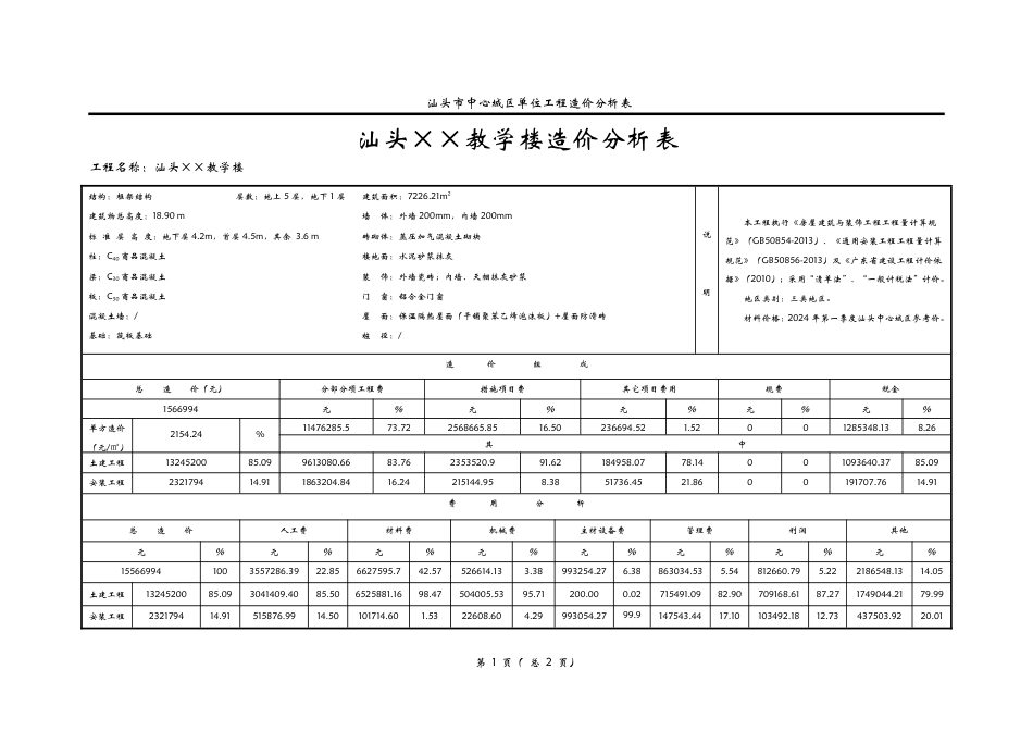 汕头市2024年第一季度建设工程造价指标案例-xx教学楼造价分析表.pdf_第1页