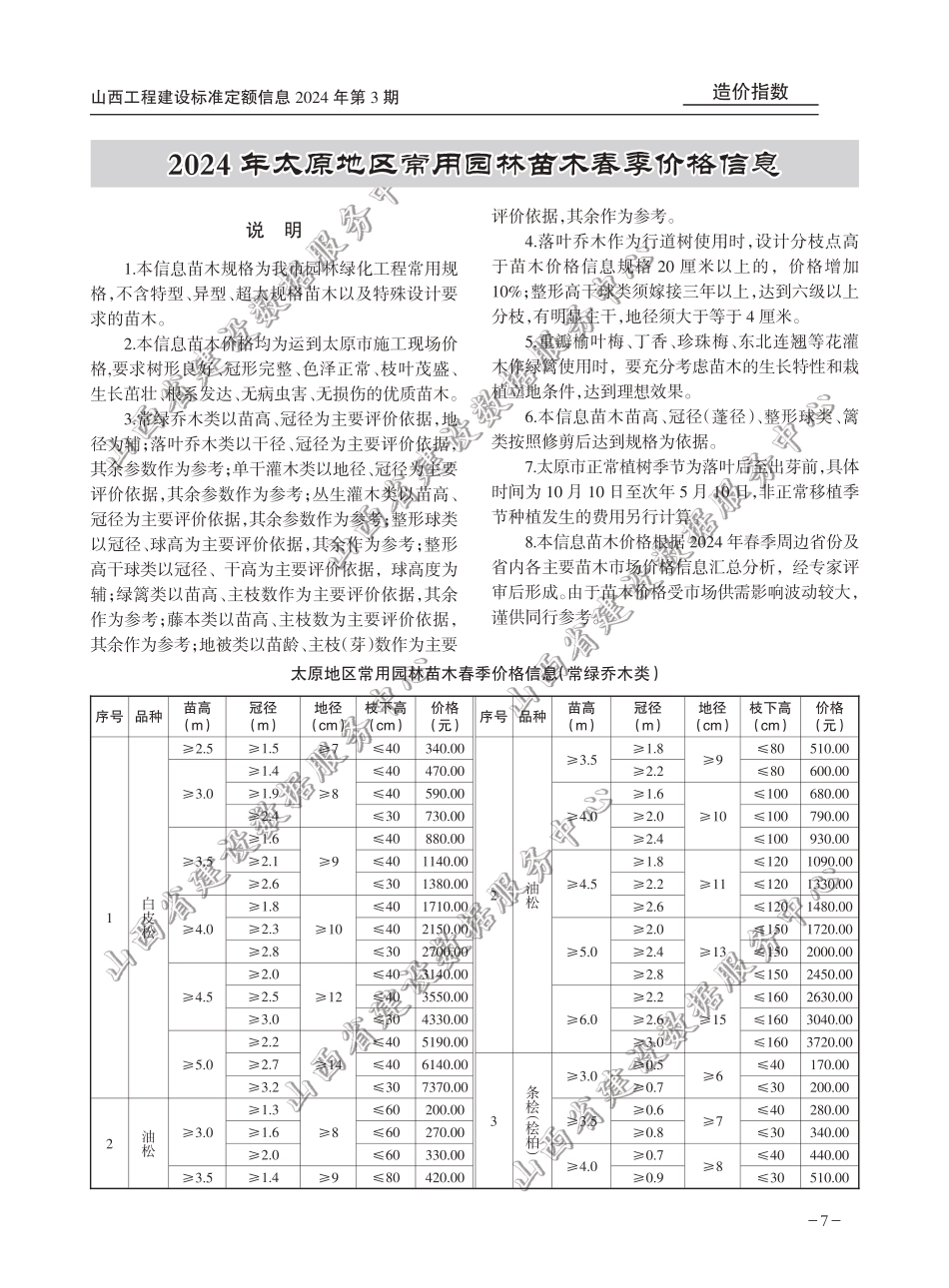 2024年太原地区常用园林苗木春季价格信息.pdf_第1页