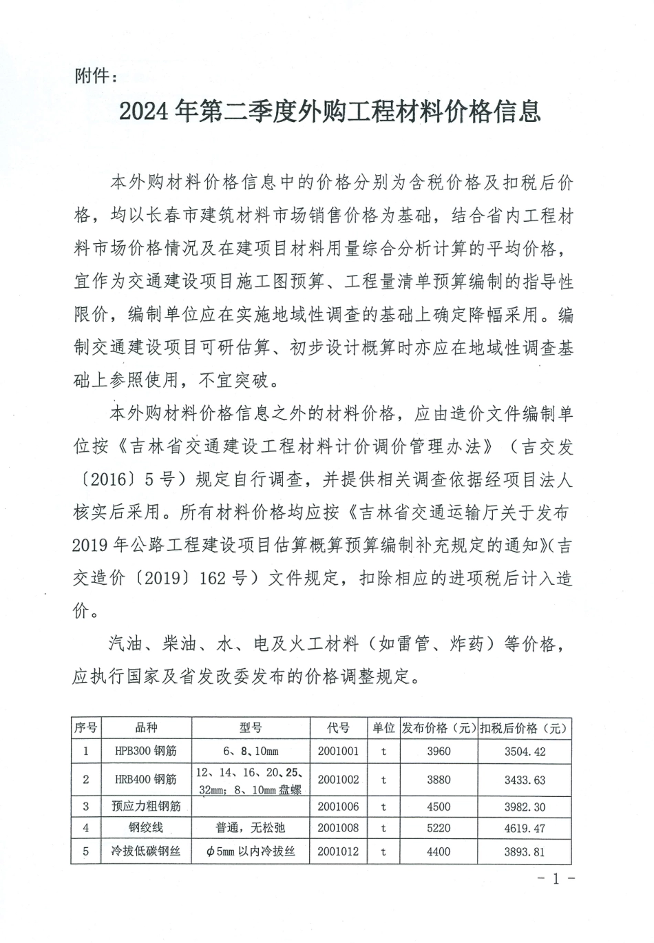 吉林省交通运输厅2024年第二季度外购工程材料价格信息.pdf_第1页