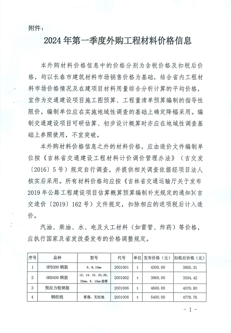 吉林省交通运输厅2024年第一季度外购工程材料价格信息.pdf_第1页