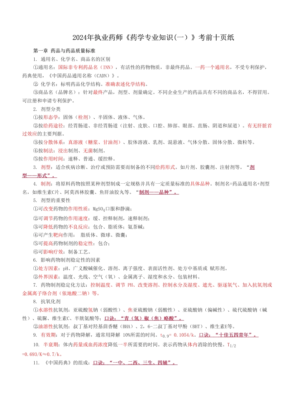2024年执业药师《药学专业知识(一）》考前十页纸.pdf_第1页