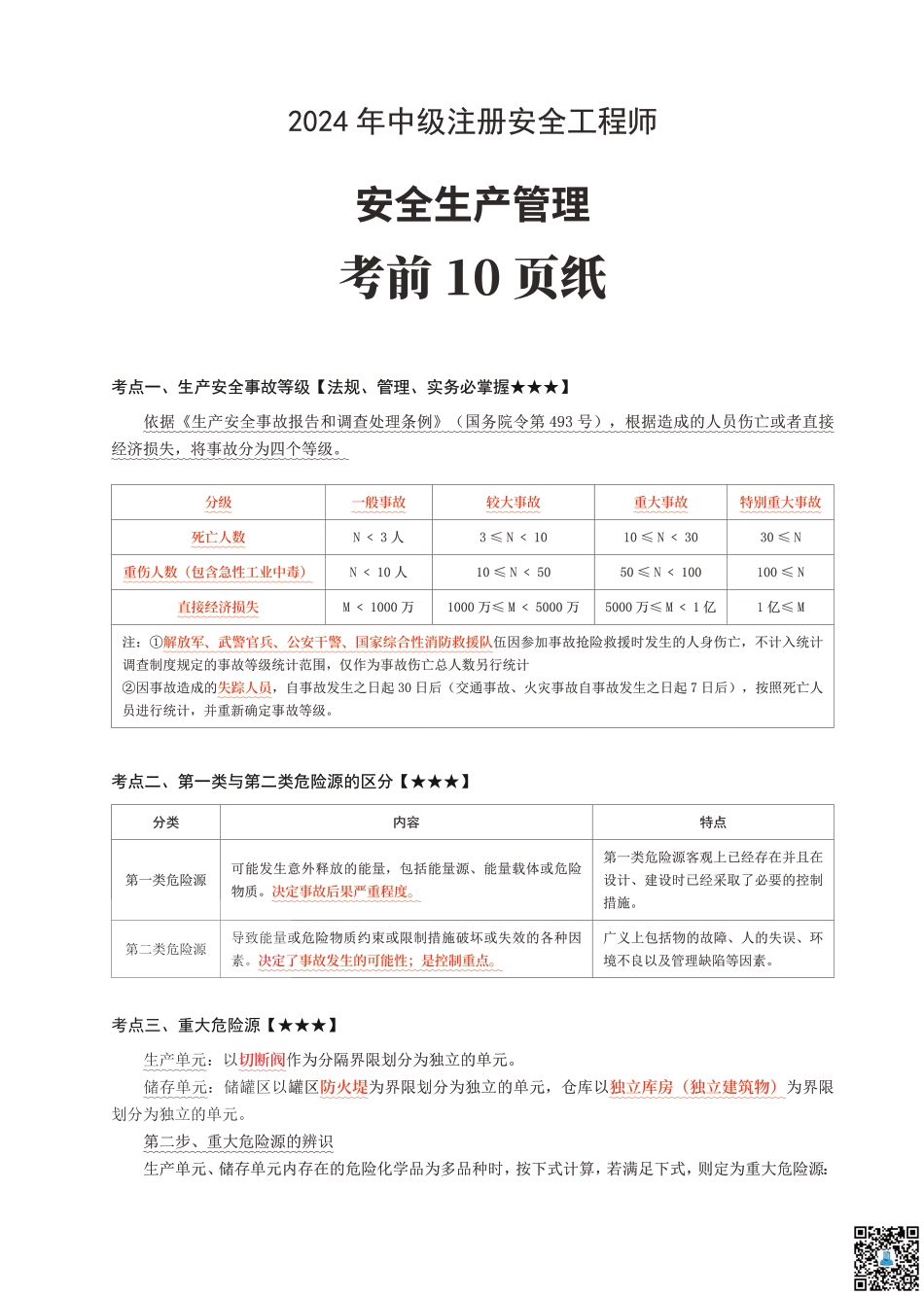 2024年中级注册安全工程师《安全生产管理》考前10页纸.pdf_第1页