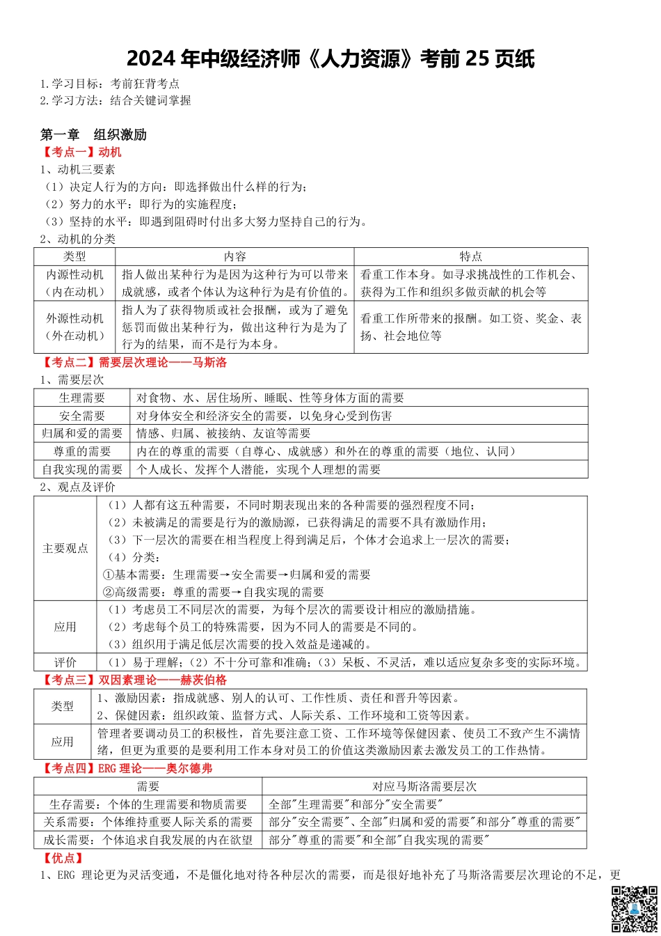 冲刺提分！2024年中级经济师《人力资源》考前25页纸.pdf_第1页
