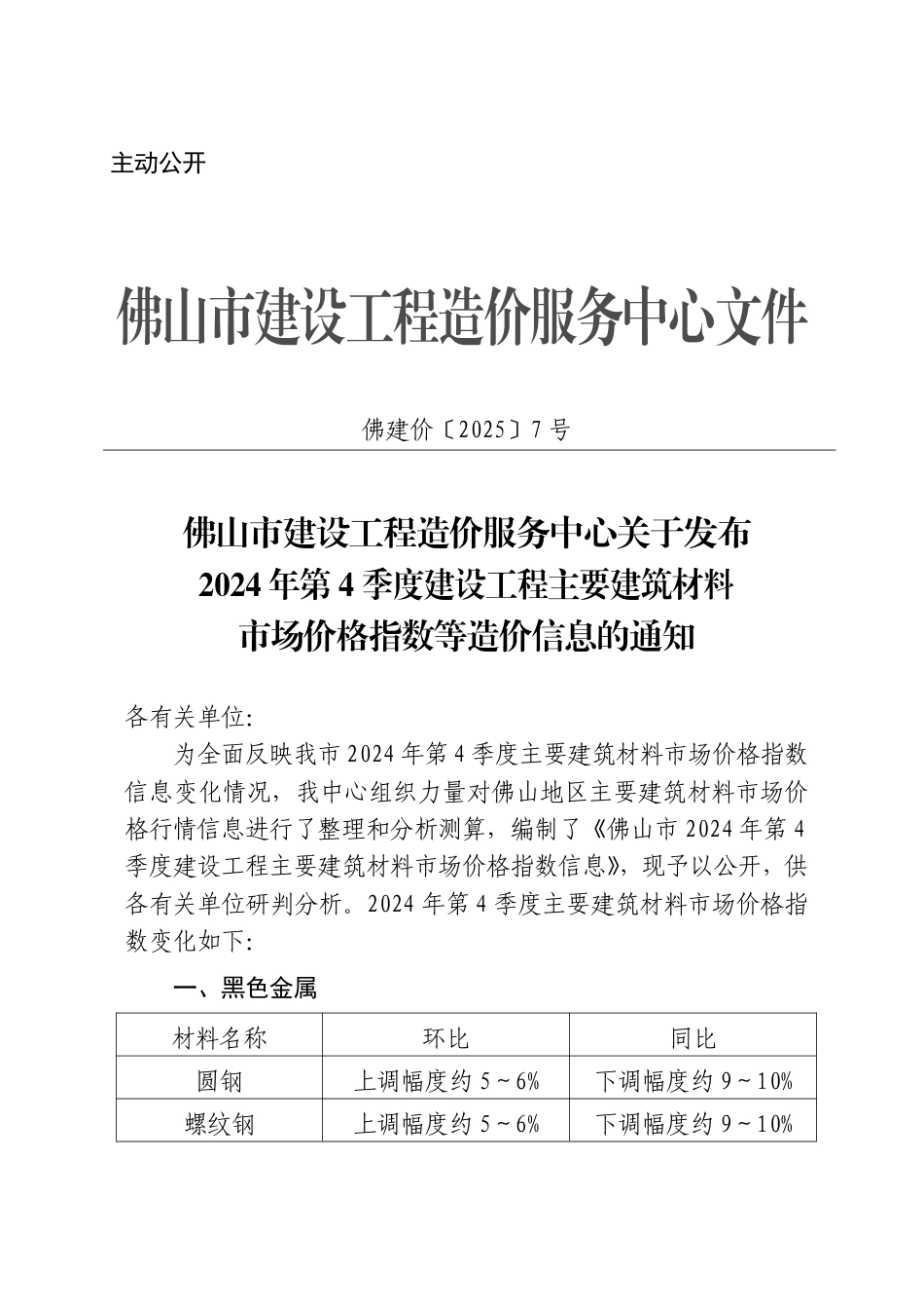 佛山市建设工程造价服务中心关于发布2024年第4季度建设工程主要建筑材料市场价格指数等造价信息的通知.pdf_第1页