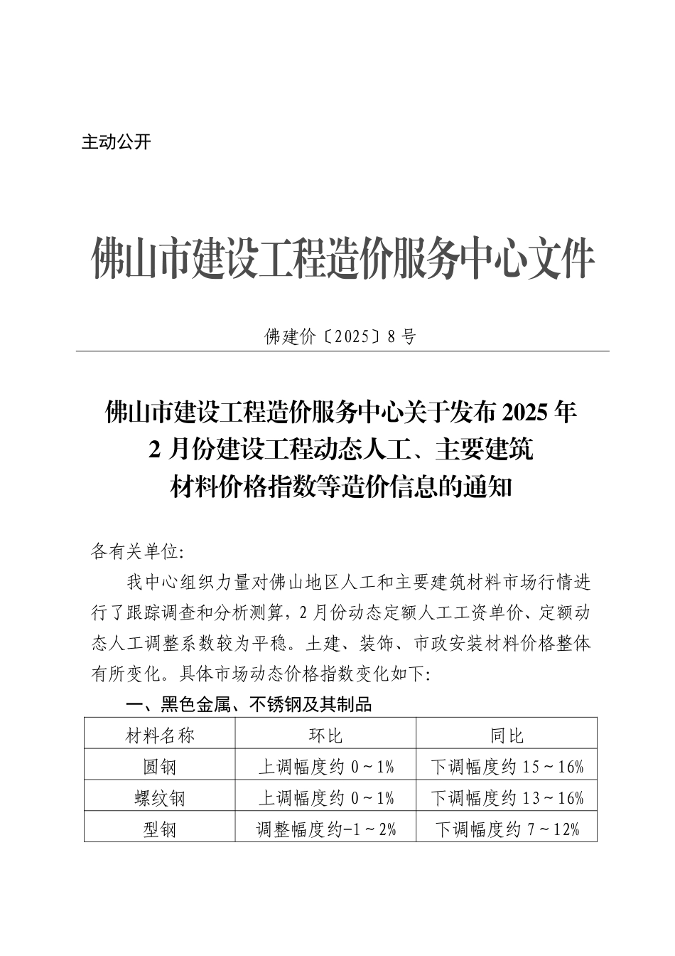 佛山市建设工程造价服务中心关于发布2025年2月份建设工程动态人工、主要建筑材料价格指数等造价信息的通知.pdf_第1页