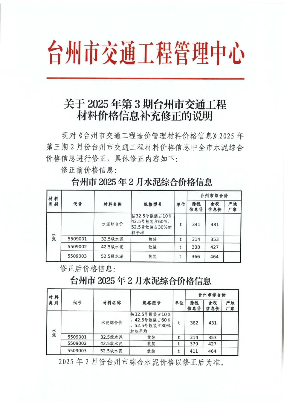 3.12关于台州市交通工程造价管理材料价格2025年第3期信息补充修正说明.pdf_第1页