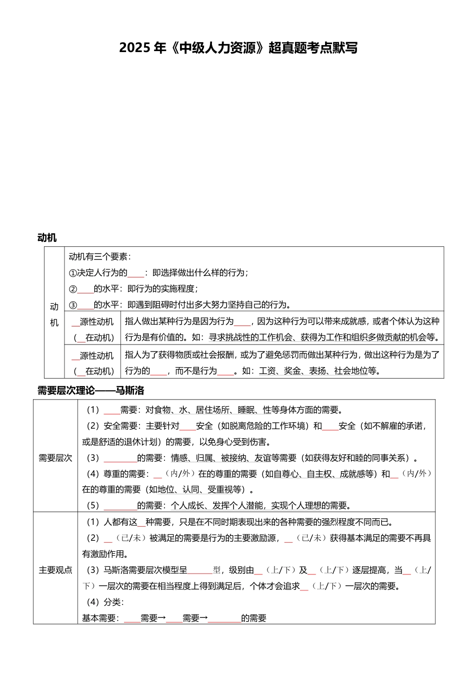 2025年《中级人力资源》超高频真题考点默写本（默写版本）.pdf_第2页