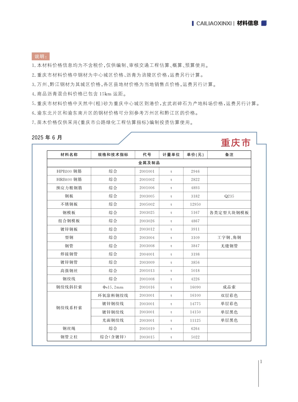 重庆市交通工程材料价格信息2025年第七期-7月信息价.pdf_第3页