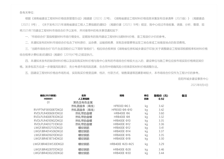 岳阳市2025年7月份建设工程材料市场综合价-信息价.pdf_第1页