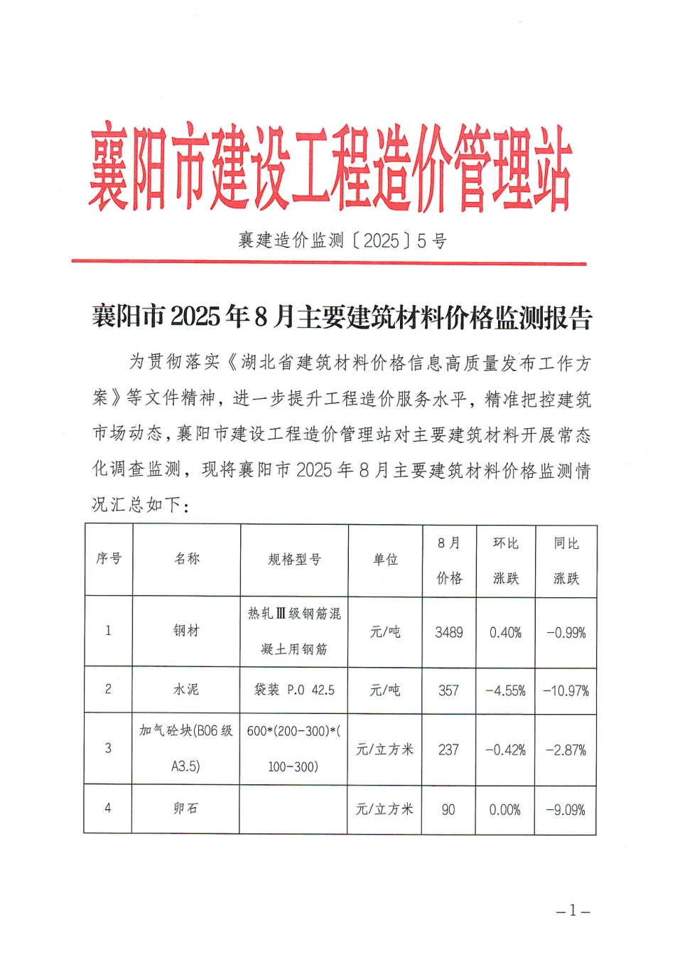 襄阳市2025年8月主要建筑材料价格监测报告.pdf_第1页