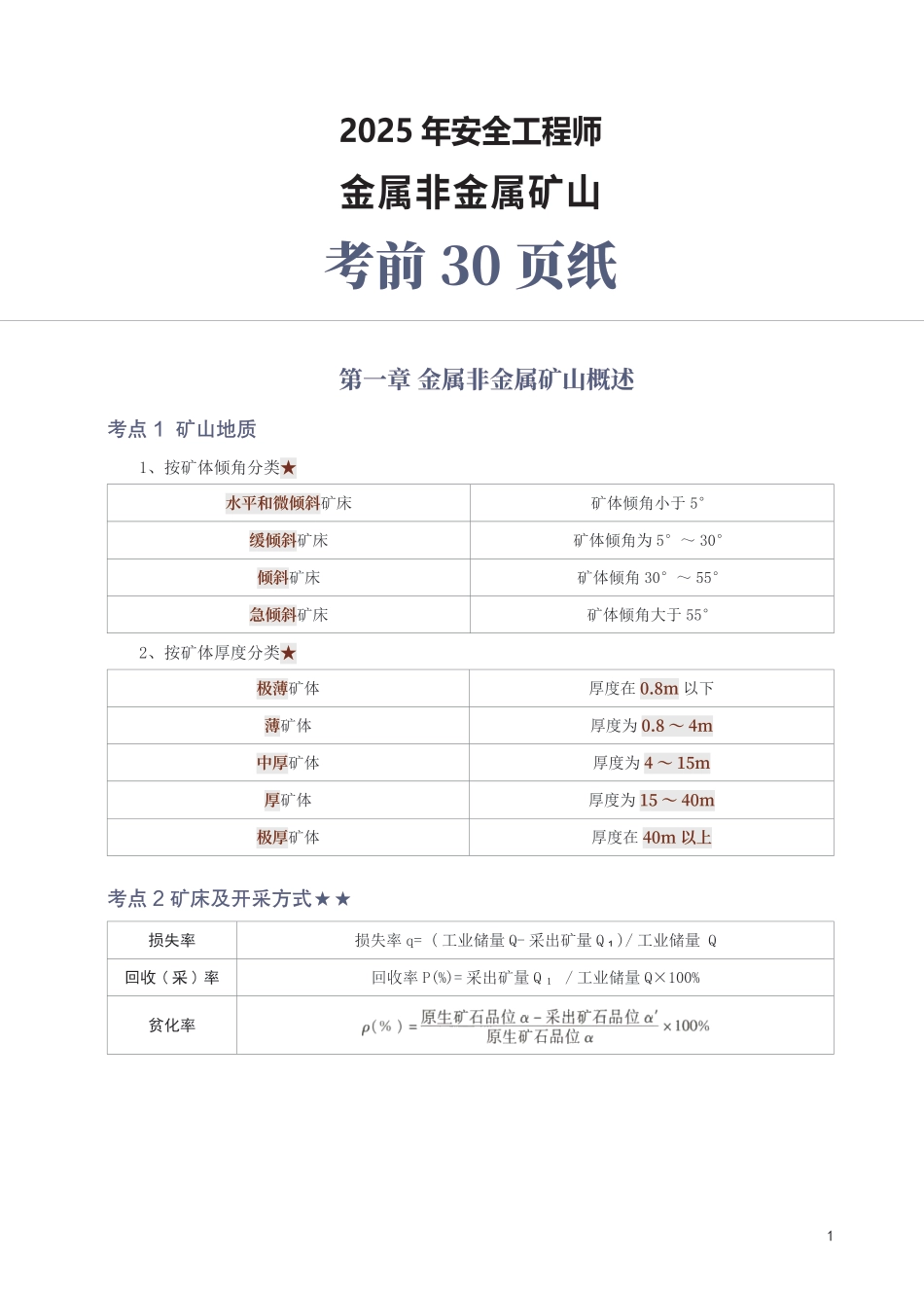 2025年中级注册安全工程师《金属非金属矿山安全》考前30页纸.pdf_第1页