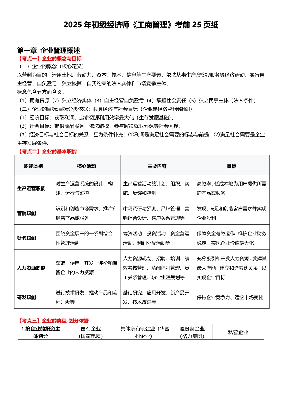 冲刺狂背!2025年初级经济师《工商管理》考前25页纸.pdf_第1页