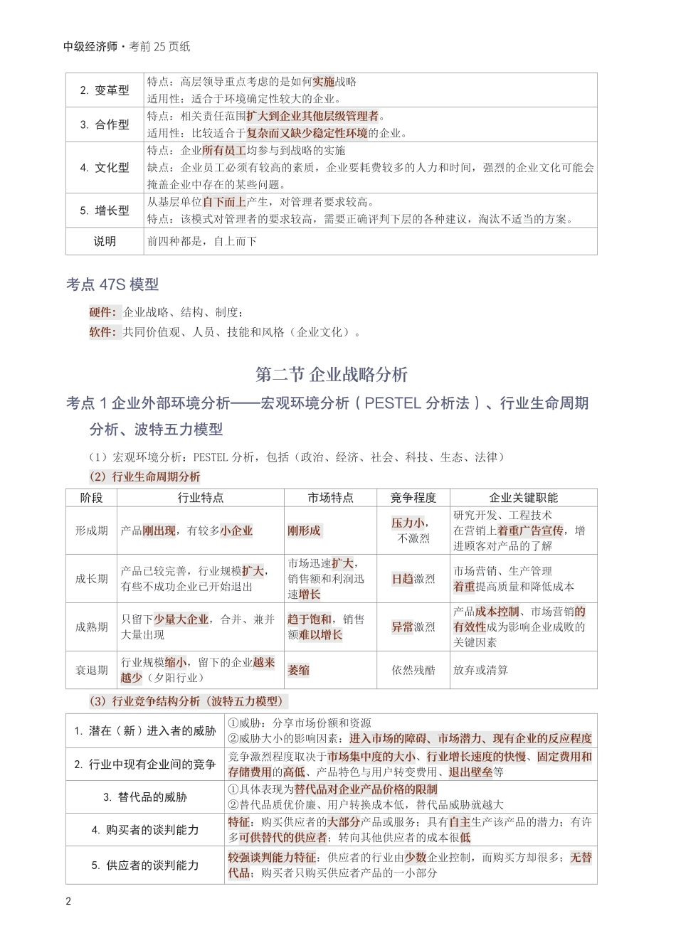 冲刺狂背!2025年中级经济师《工商管理》考前25页纸.pdf_第2页