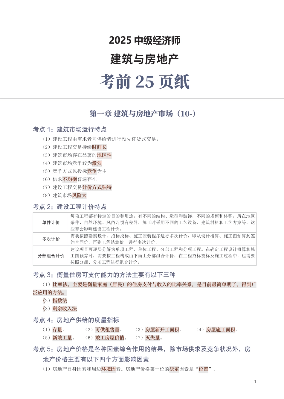 冲刺狂背!2025年中级经济师《建筑与房地产》考前25页纸.pdf_第1页