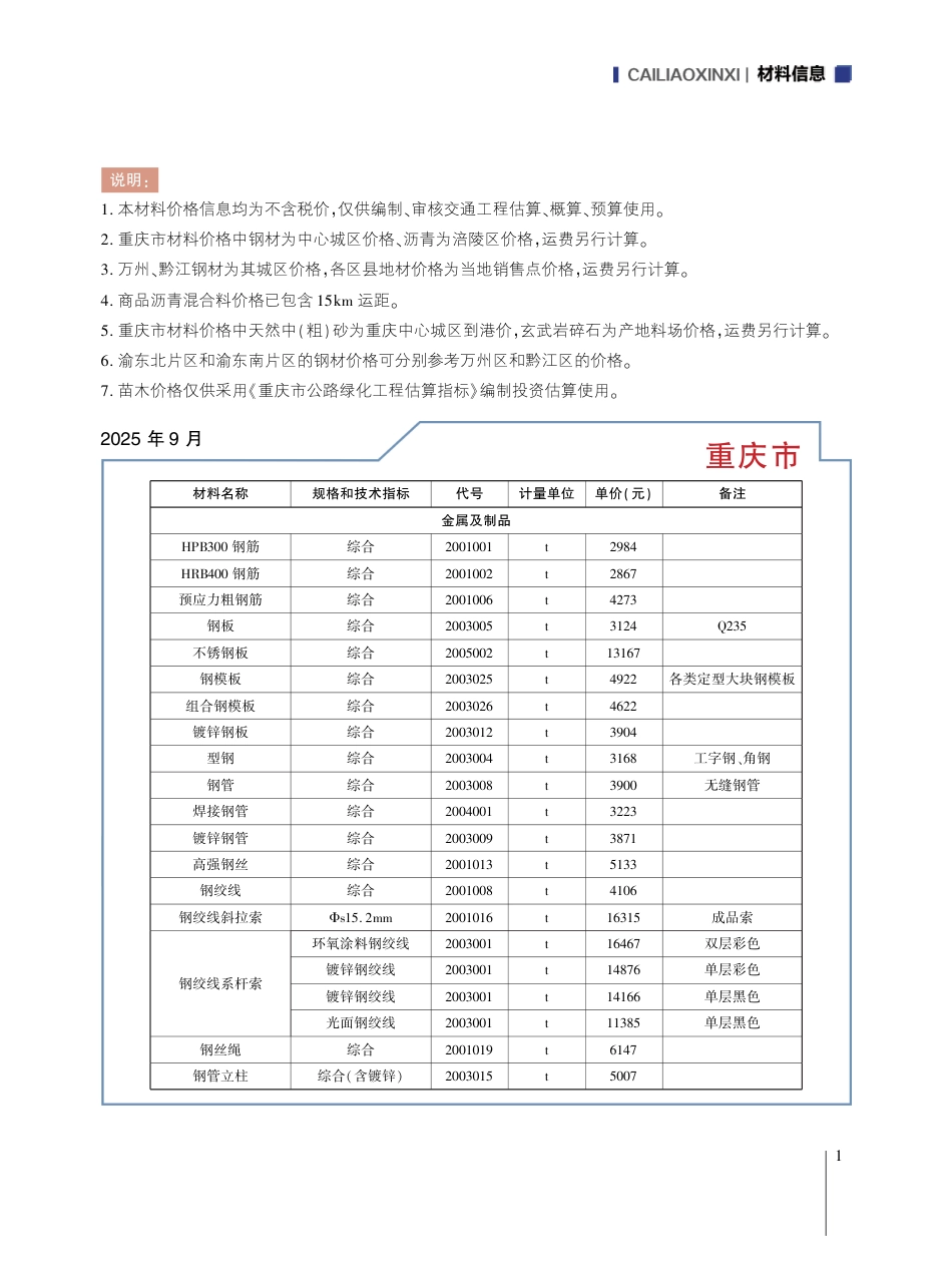 重庆市交通工程材料价格信息2025年第十期-10月信息价.pdf_第3页