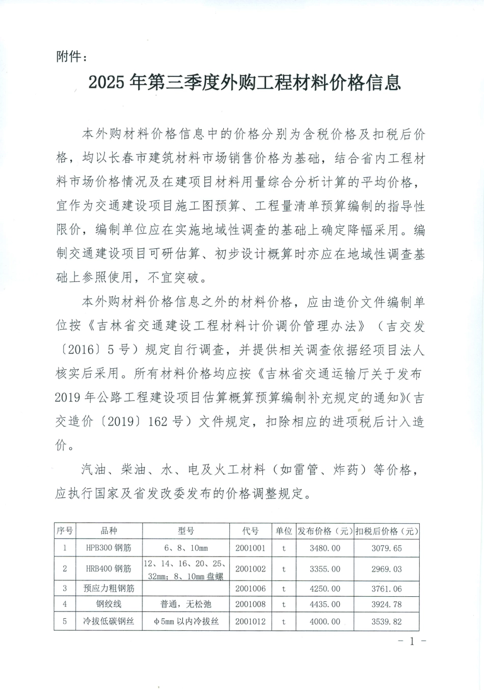吉林省2025年 第三季度公路交通工程外购工程材料价格信息-信息价.pdf_第1页